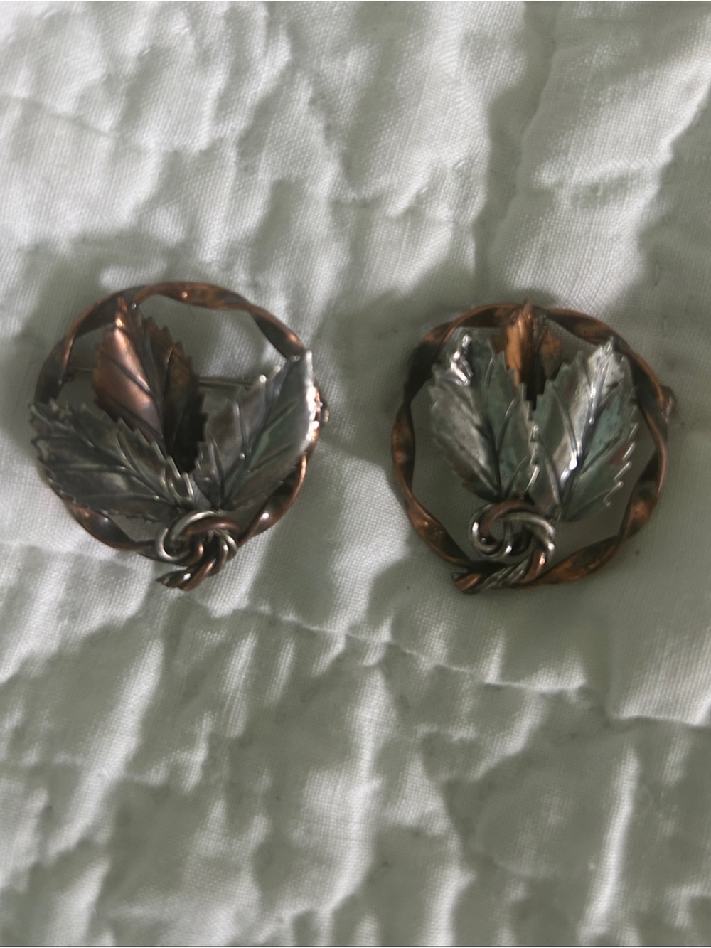 Pair Vintage Leaf Motif 1950 pins in Two-Tone Metal with copper.